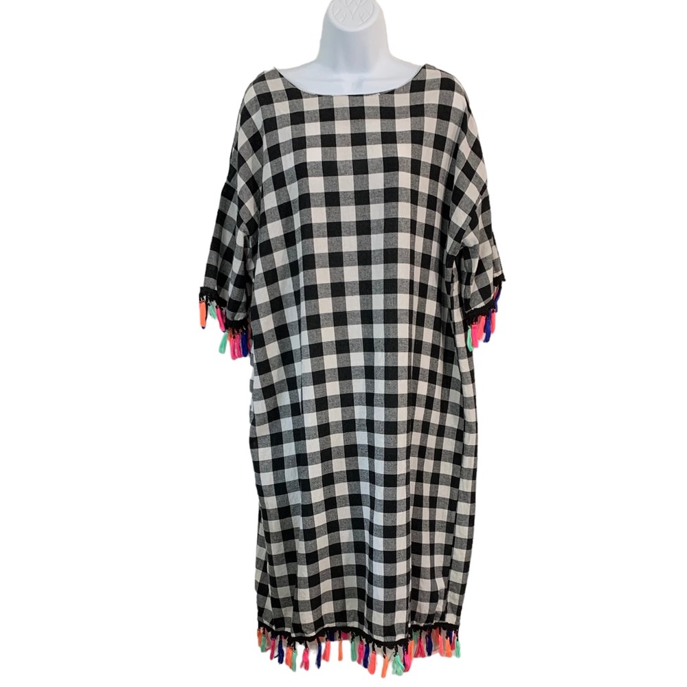 A SHAPPE Gingham Shift Dress w/ Multi Color Tassels